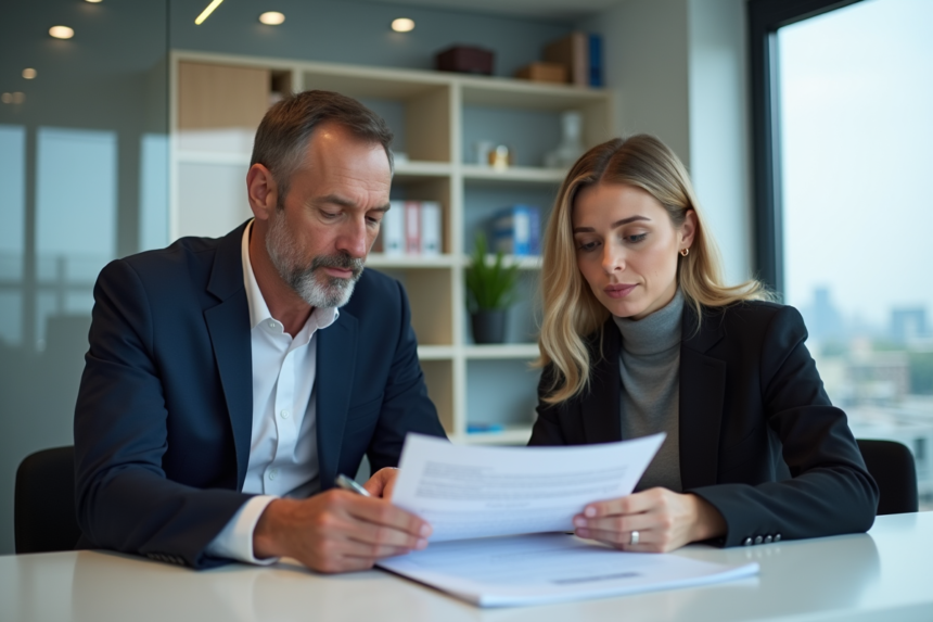 Homme d'affaires et femme professionnelle examinent un contrat de location