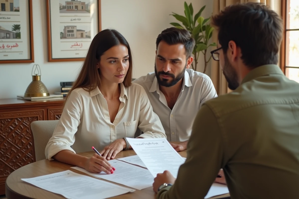 Couple d'acheteurs étrangers signant un compromis de vente pour un riad à Marrakech avec un agent immobilier