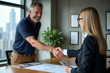 Entrepreneur du bâtiment serrant la main d'un représentant professionnel lors d'une adhésion à une association de constructeurs