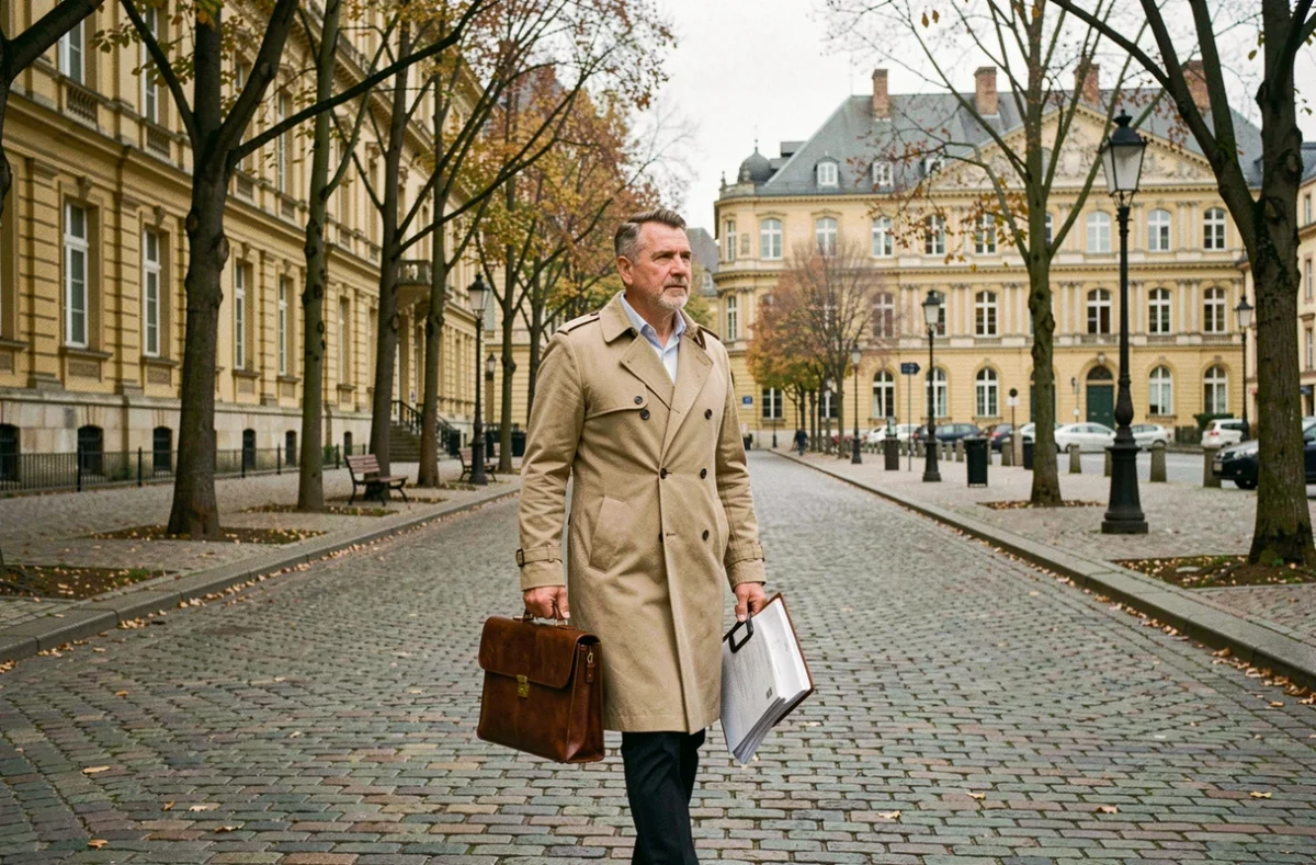Professionnel de l'Agence de Boufflers marchant sur un boulevard historique de Nancy avec documents immobiliers