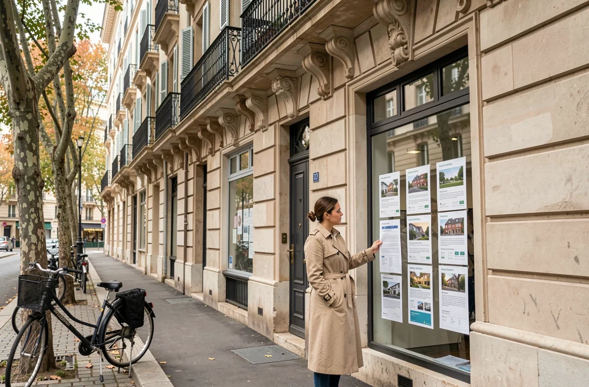 Femme consultant une agence immobilière spécialisée dans l'investissement locatif face à un immeuble haussmannien à Lyon