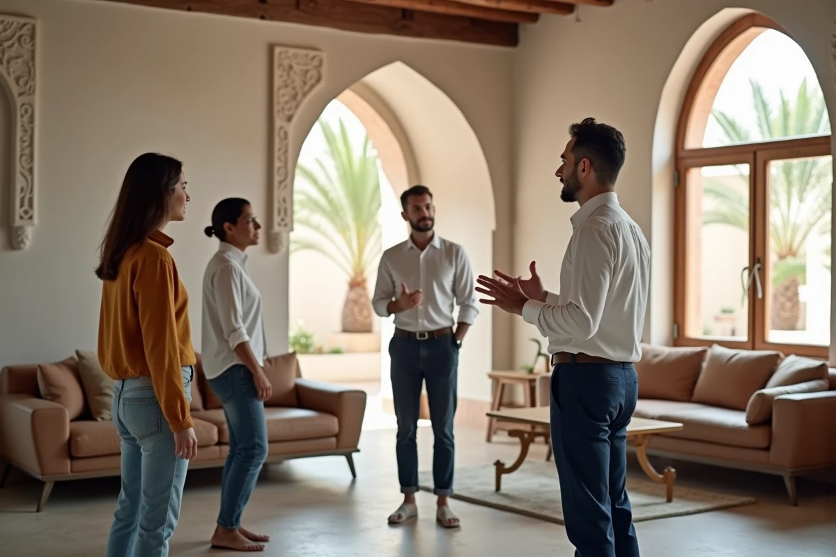 Agent immobilier présentant un appartement rénové à Guéliz, Marrakech, à des acheteurs potentiels dans un intérieur de style marocain contemporain