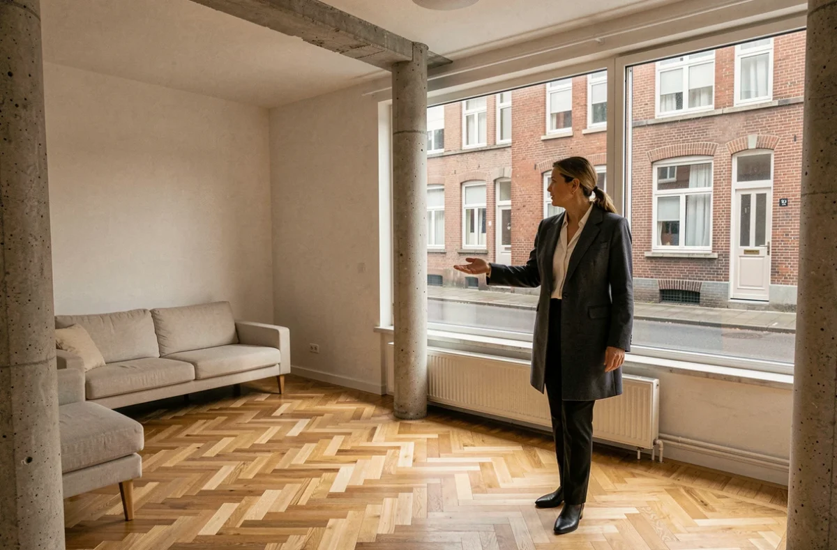 Agent immobilière présentant un appartement locatif vide à Dunkerque