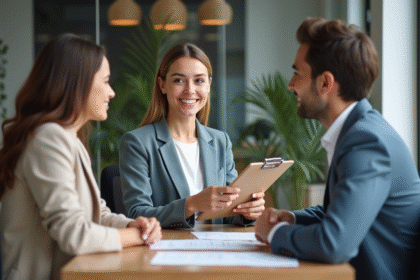 Agent immobilier discutant avec un couple pour une location