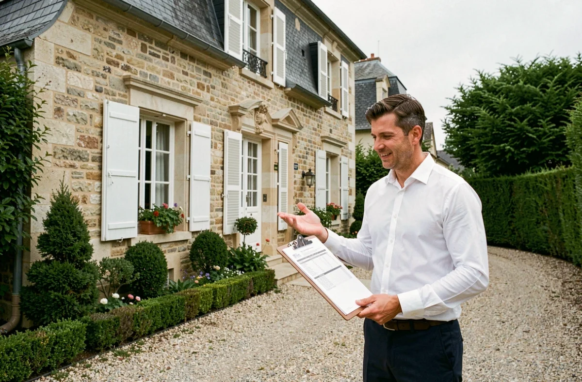 Agent immobilier réalisant une estimation d'une résidence principale traditionnelle française