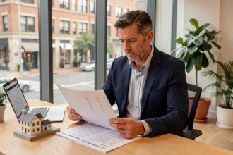 Agent immobilier analysant des documents d'évaluation immobilière sur un bureau moderne avec ordinateur portable