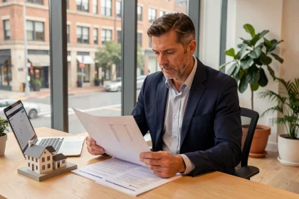 Agent immobilier analysant des documents d'évaluation immobilière sur un bureau moderne avec ordinateur portable