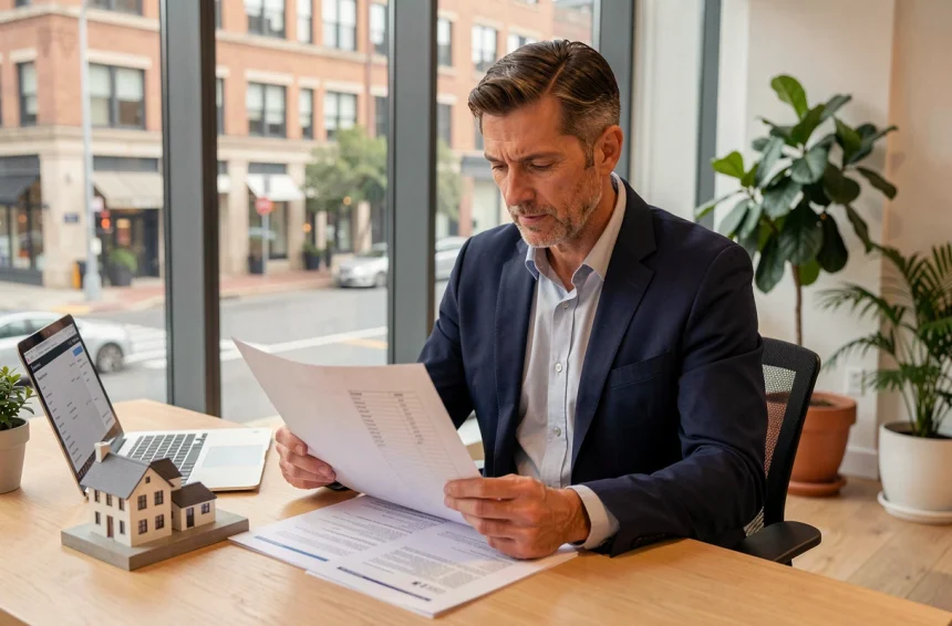 Agent immobilier analysant des documents d'évaluation immobilière sur un bureau moderne avec ordinateur portable