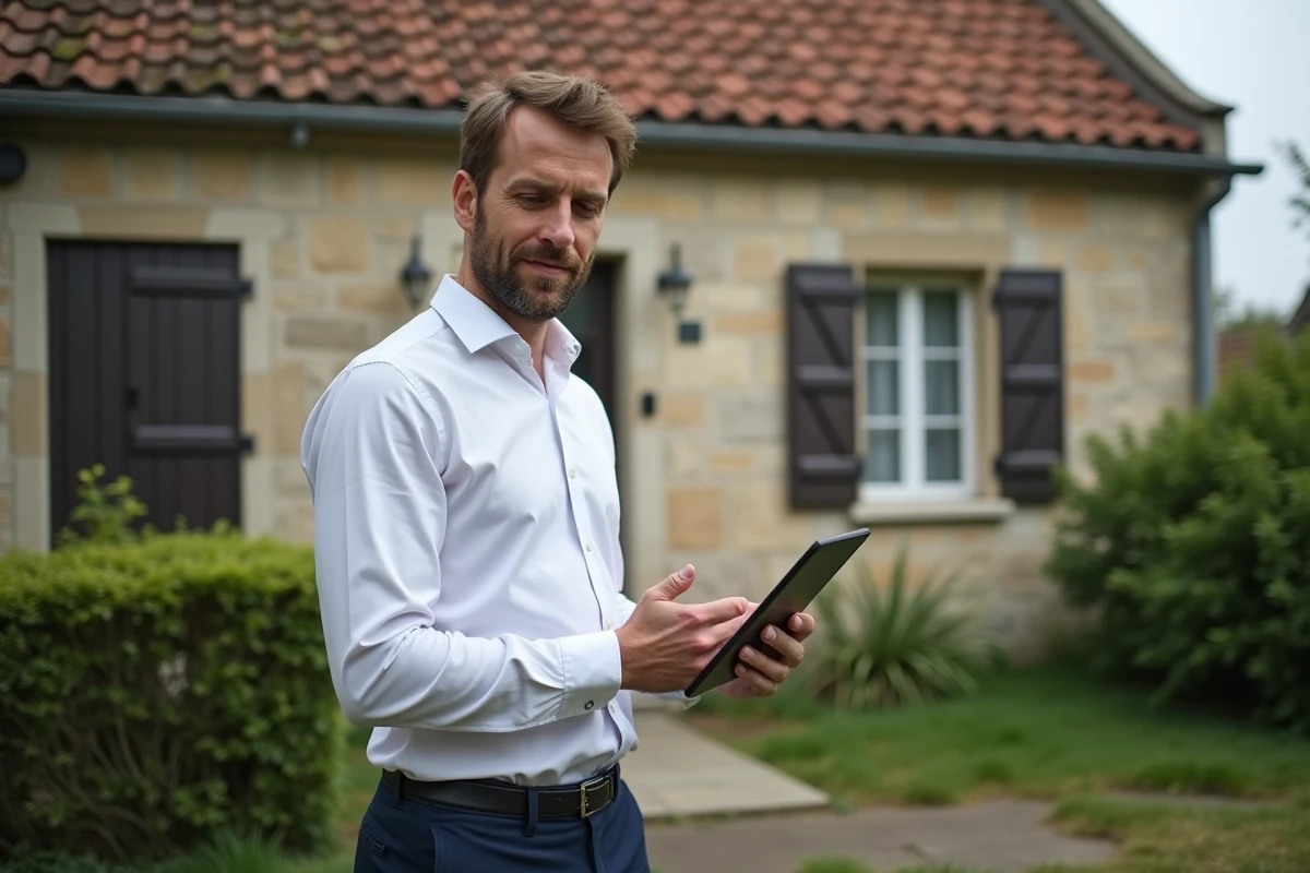 Agent immobilier évaluant une maison en pierre à vendre en Loire-Atlantique 44 dans le cadre d'une procédure de divorce