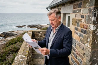 Agent immobilier consultant des documents sur la terrasse d'une maison en pierre en bord de mer soumise à la loi littoral