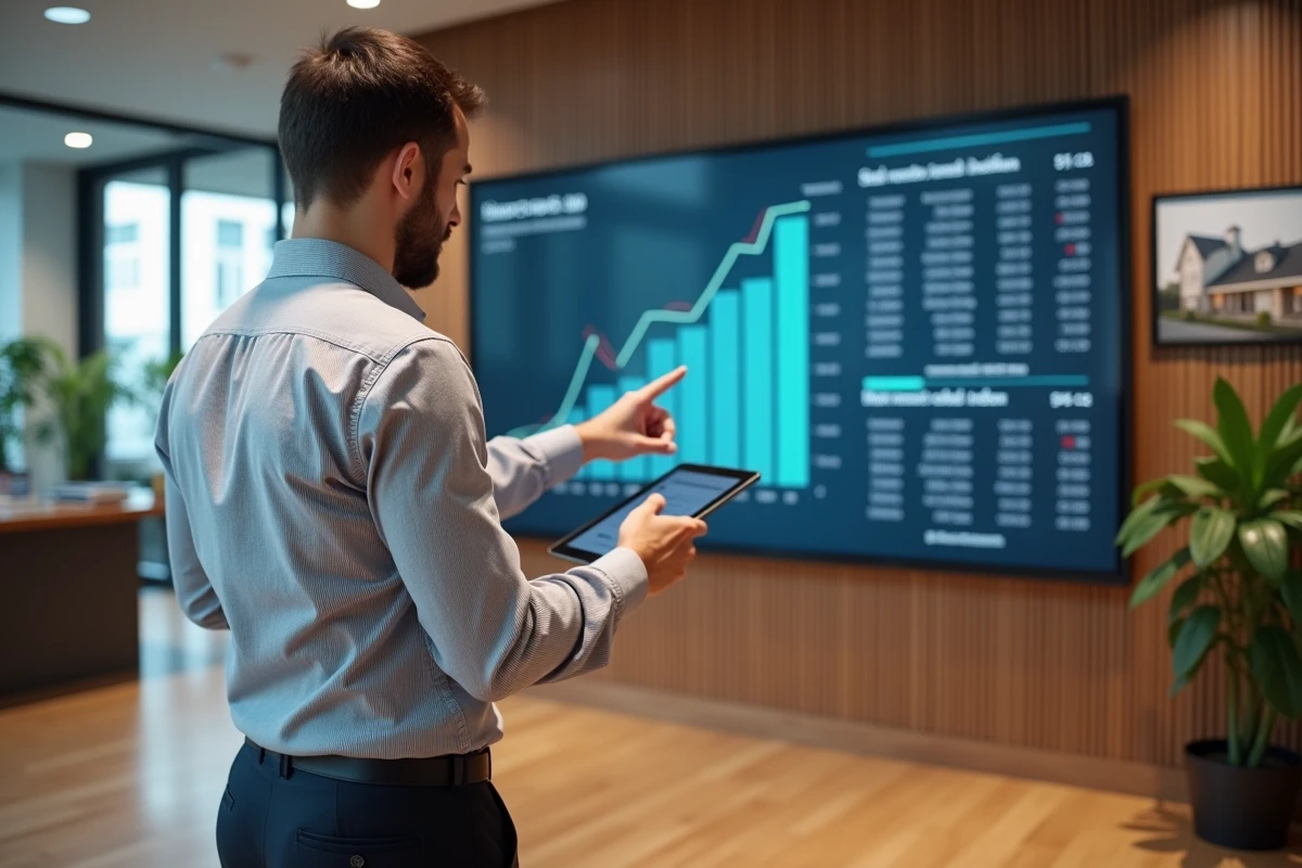 Agent immobilier présentant les données de l'indice ILAT sur un écran interactif dans une agence