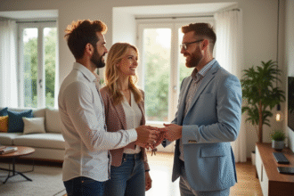 Agent immobilier remettant les clés à un couple souriant dans un salon lumineux