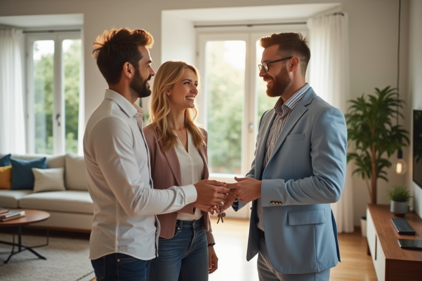 Agent immobilier remettant les clés à un couple souriant dans un salon lumineux