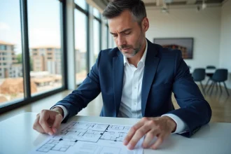 Agent immobilier analysant des plans et un contrat de retour de lot dans une agence moderne avec vue sur un chantier résidentiel neuf