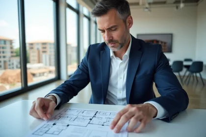 Agent immobilier analysant des plans et un contrat de retour de lot dans une agence moderne avec vue sur un chantier résidentiel neuf