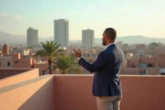 Agent immobilier marocain sur une terrasse d'appartement moderne à Marrakech avec vue sur la ville et l'Atlas en 2026