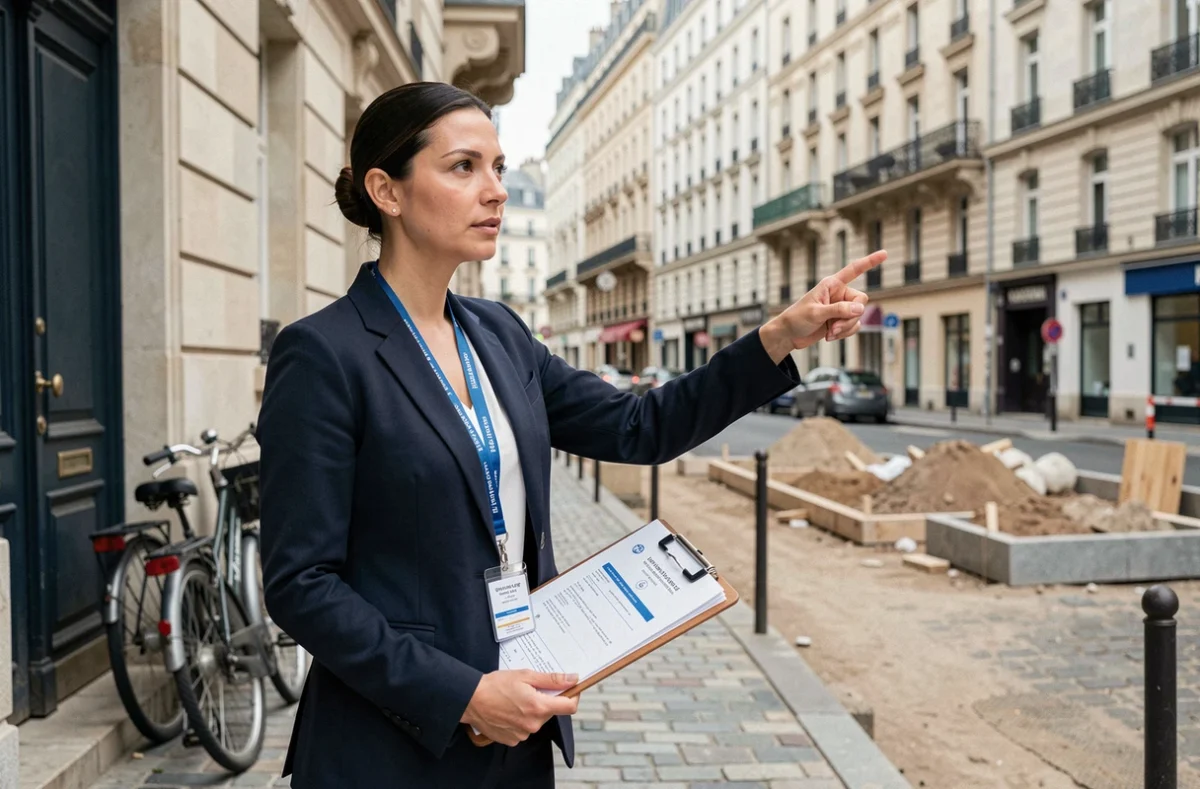 Agente de l'urbanisme municipal consultant des documents administratifs devant un chantier résidentiel, illustrant le contrôle des déclarations préalables de travaux