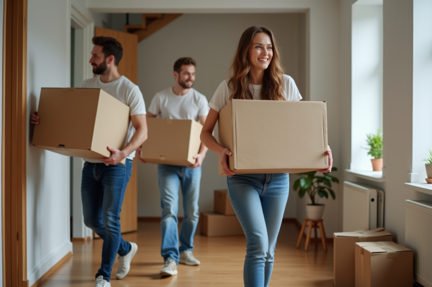 Trois adultes portant des cartons dans un couloir d'appartement