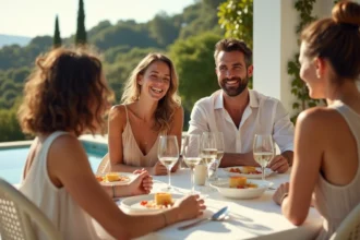 Groupe d'amis riant autour d'une table en terrasse en méditerranée
