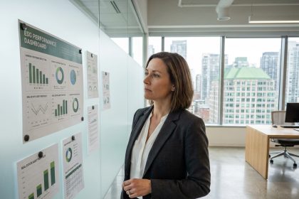 Professionnelle analysant un tableau de bord ESG dans un bureau moderne avec vue sur des immeubles durables en ville