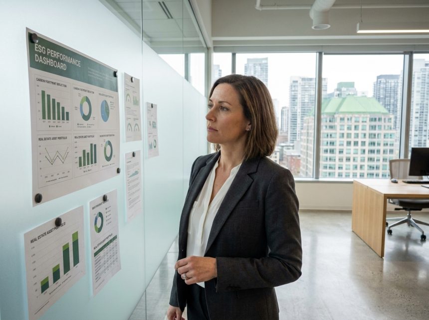 Professionnelle analysant un tableau de bord ESG dans un bureau moderne avec vue sur des immeubles durables en ville