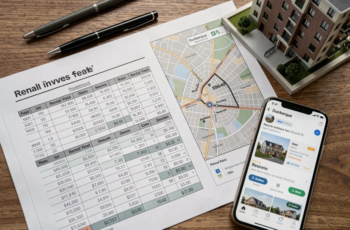 Analyse d'investissement locatif avec documents financiers et carte de Dunkerque 59640