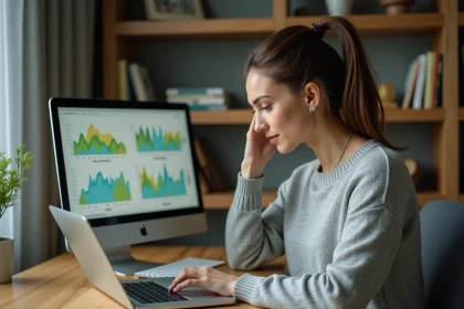 Femme analysant des tendances de prix immobiliers sur un laptop avec graphiques Castorus dans un bureau à domicile