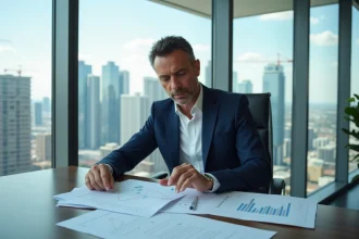 Analyste immobilier en bureau avec graphiques et ville