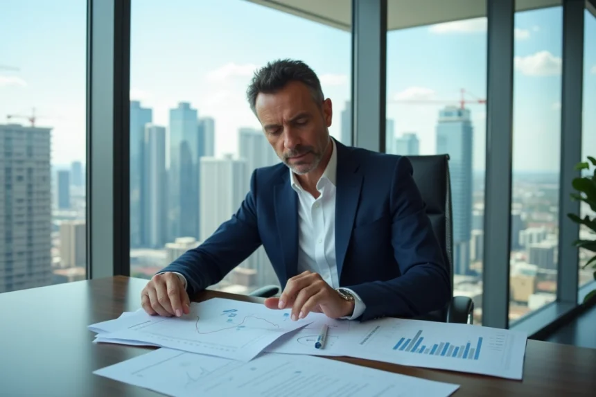 Analyste immobilier en bureau avec graphiques et ville