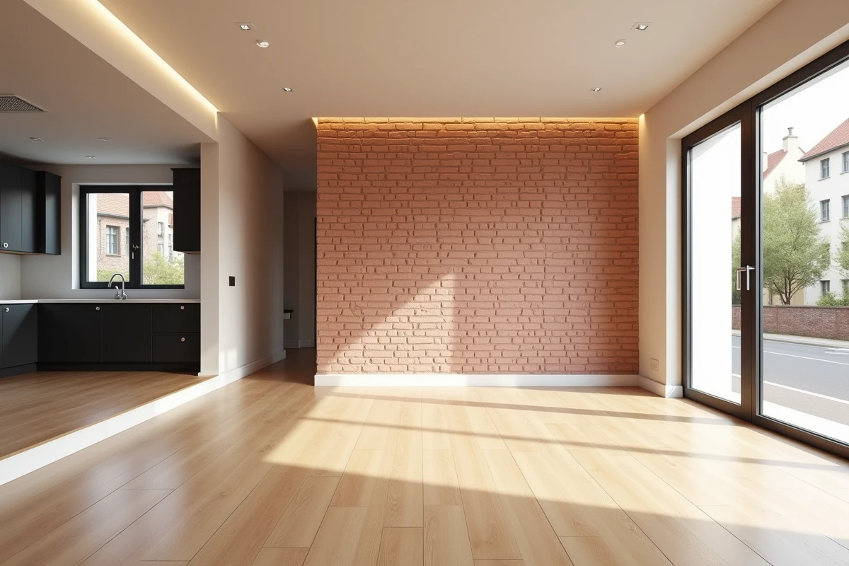 Intérieur d'un appartement neuf livré dans une résidence PSLA à Toulouse avec parquet en chêne et mur en brique rose