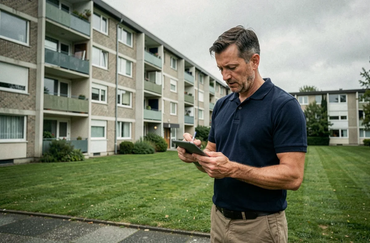 Gestionnaire de L'Arche Immobilier inspectant une résidence de copropriété avec une tablette en Meurthe-et-Moselle