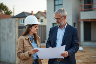 Architecte et entrepreneur sur un chantier de maison moderne