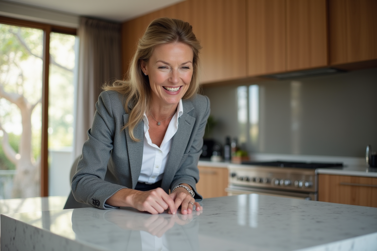 Architecte admire une surface Dekton dans une cuisine moderne