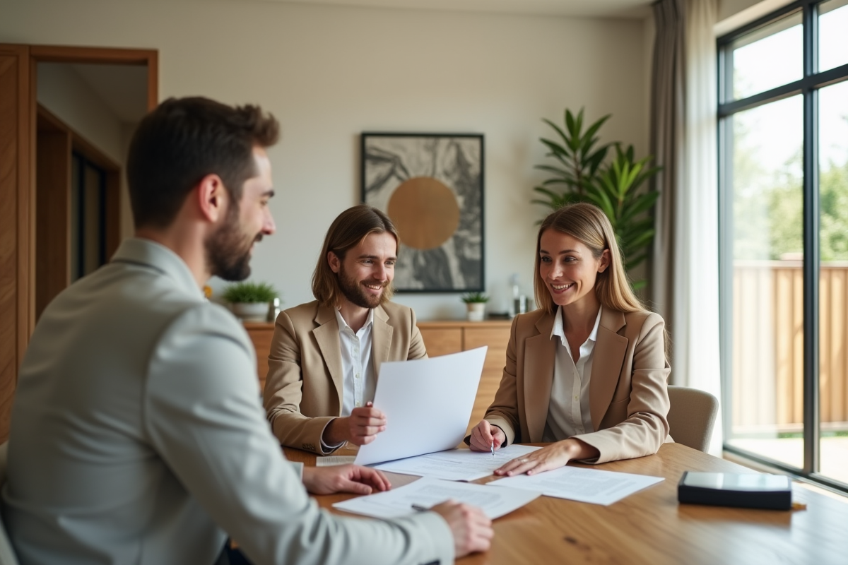 Jeune architecte expliquant des documents de garantie à un couple dans un intérieur moderne