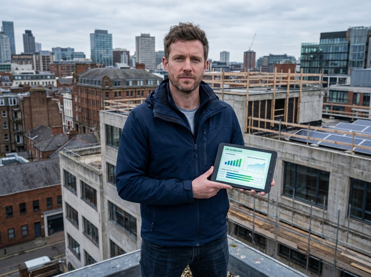 Architecte sur le toit d'un immeuble en rénovation consultant une interface de scoring ESG sur tablette avec la ville en arrière-plan