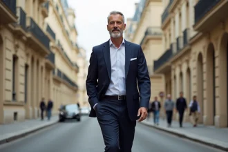 Homme élégant en costume marchant dans un boulevard haussmannien du quartier riche de Paris