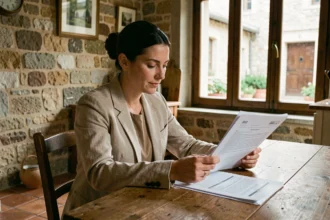 Femme consultant des documents d'assurance habitation dans un appartement au style typique de Poitiers avec murs en pierre apparente