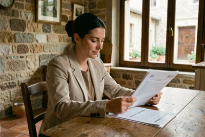 Femme consultant des documents d'assurance habitation dans un appartement au style typique de Poitiers avec murs en pierre apparente