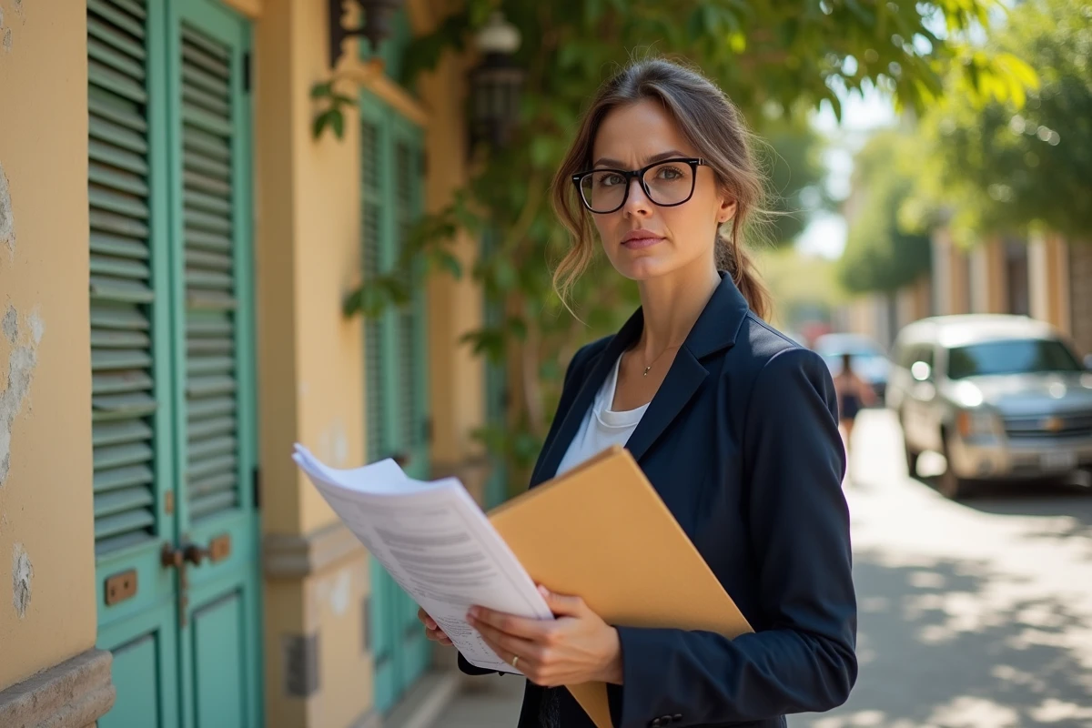 Avocate devant un office notarial à l'île Maurice examinant un contrat immobilier avec une expression dubitative