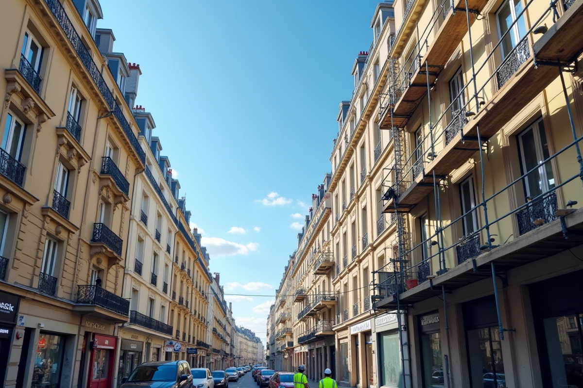 Bâtiments français en rénovation avec ouvriers et échafaudages