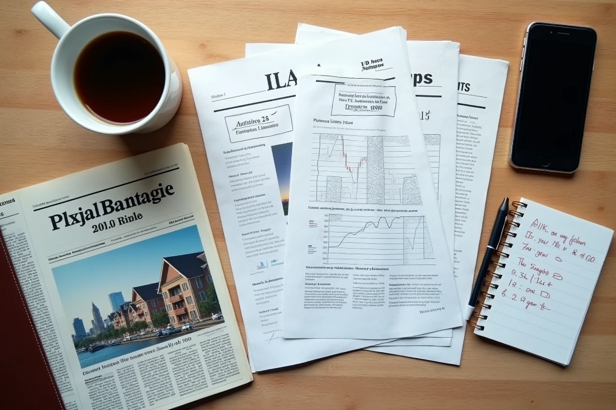 Bureau avec rapports ILAT, journal financier et notes manuscrites sur l'indice locatif 2026