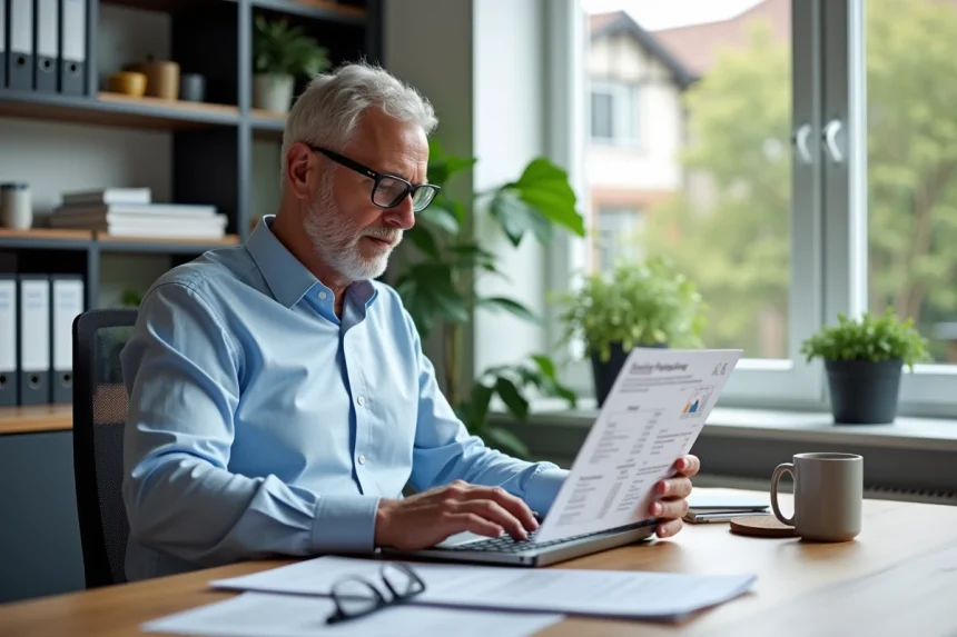 Homme consultant un tableau de calcul viager occupé sur ordinateur portable dans un bureau à domicile