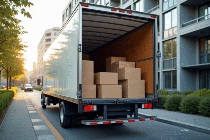 Camion de déménagement spacieux devant un immeuble moderne