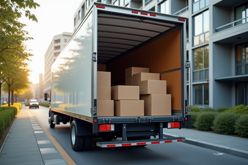 Camion de déménagement spacieux devant un immeuble moderne