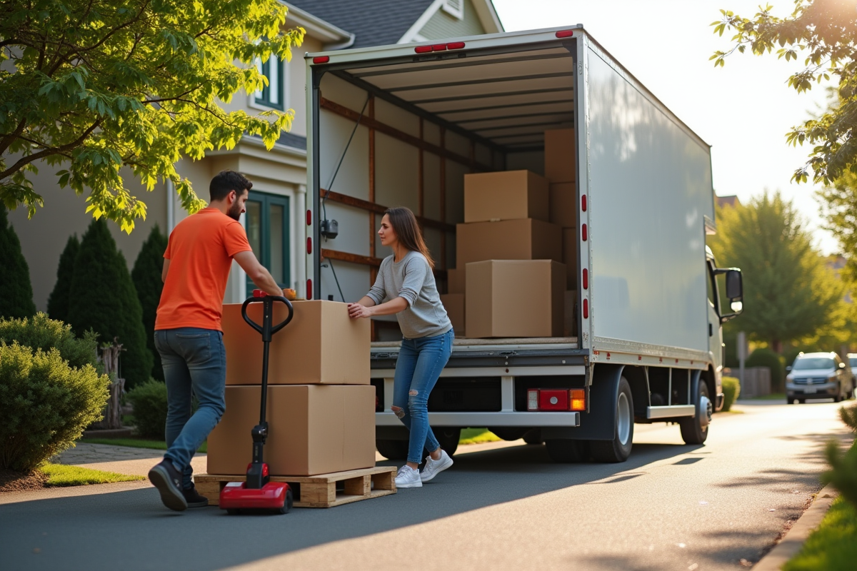 Homme et femme chargeant un camion avec un transpalette