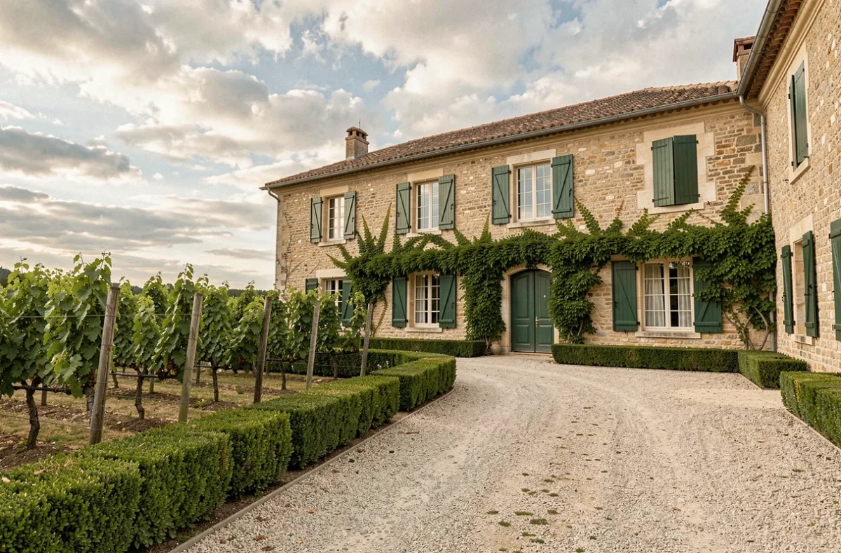 Château viticole bordelais en pierre à vendre avec vignoble, allée de gravier et façade authentique du XVIIIe siècle