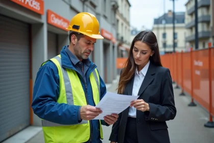 Chef de chantier parisien examine des documents sur site