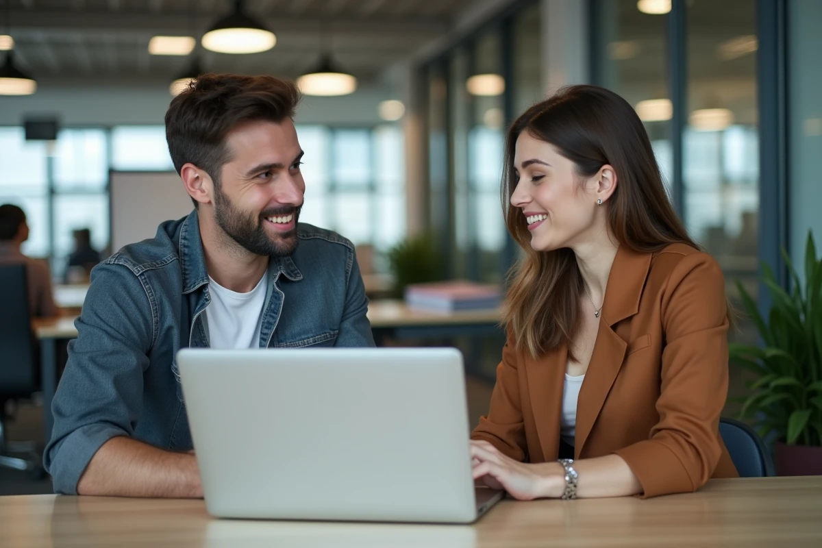 Deux collègues discutant de l'efficacité d'une plateforme de bons plans et de cashback au bureau