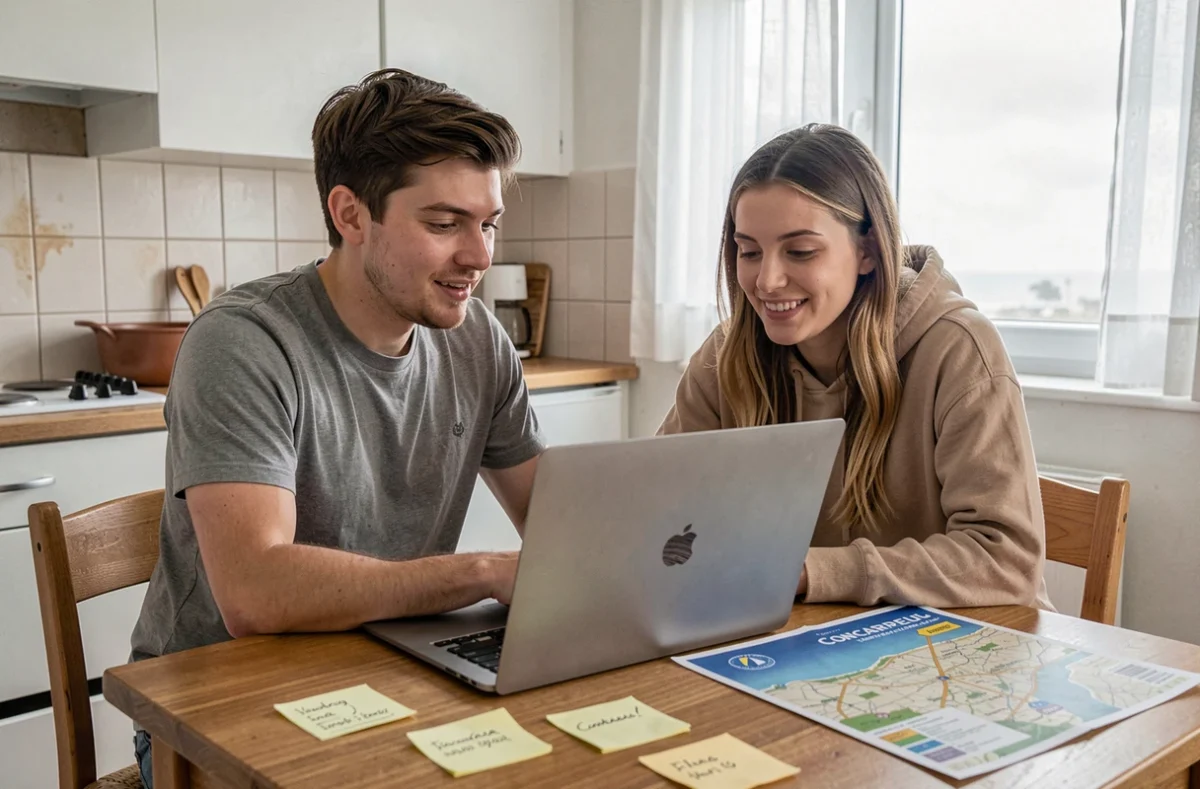 Deux colocataires consultant des annonces de location sur ordinateur dans un appartement meublé à Concarneau