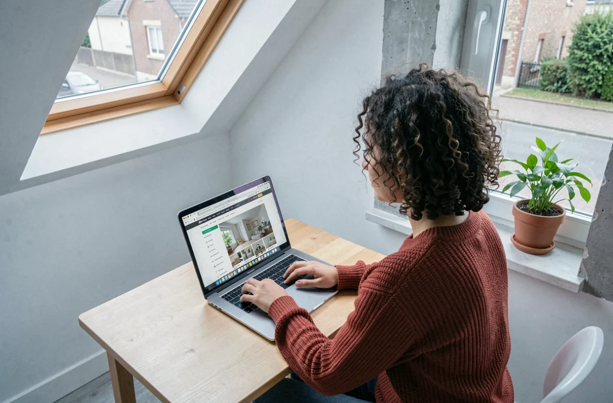 Jeune femme comparant des offres d'assurance habitation en ligne depuis un studio moderne à Poitiers